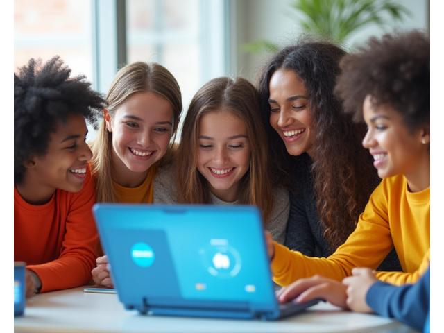 Un groupe d'étudiants souriants collaborant autour d'un ordinateur portable dans une salle de classe lumineuse.