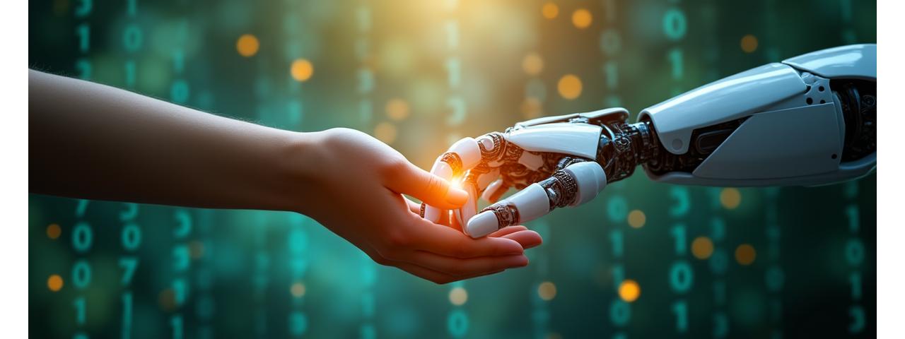 Une main humaine et une main robotique se rencontrent sur fond de code binaire, symbolisant l'harmonie entre l'IA et l'éthique en éducation.